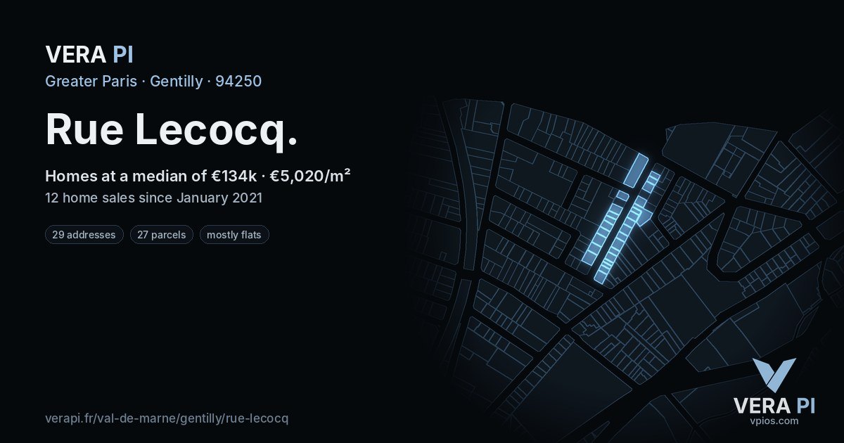 Rue Lecocq, Gentilly at night – every parcel coloured by the prices around it, the street's own parcels lit