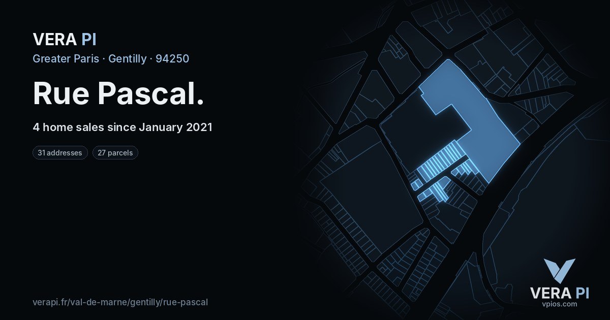 Rue Pascal, Gentilly at night – every parcel coloured by the prices around it, the street's own parcels lit