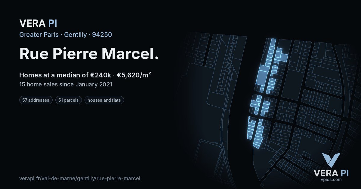 Rue Pierre Marcel, Gentilly at night – every parcel coloured by the prices around it, the street's own parcels lit