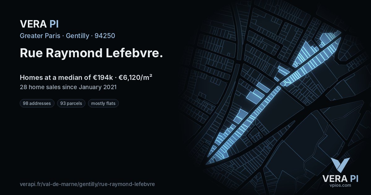 Rue Raymond Lefebvre, Gentilly at night – every parcel coloured by the prices around it, the street's own parcels lit