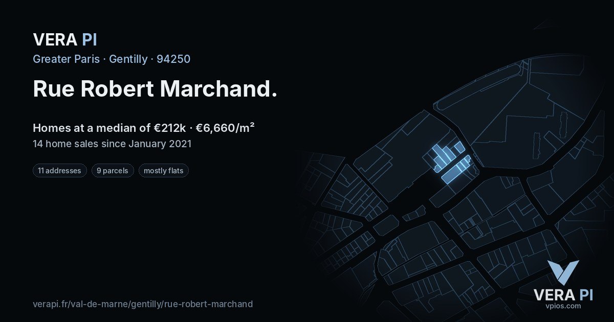 Rue Robert Marchand, Gentilly at night – every parcel coloured by the prices around it, the street's own parcels lit
