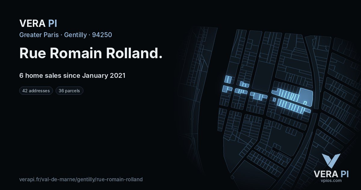 Rue Romain Rolland, Gentilly at night – every parcel coloured by the prices around it, the street's own parcels lit