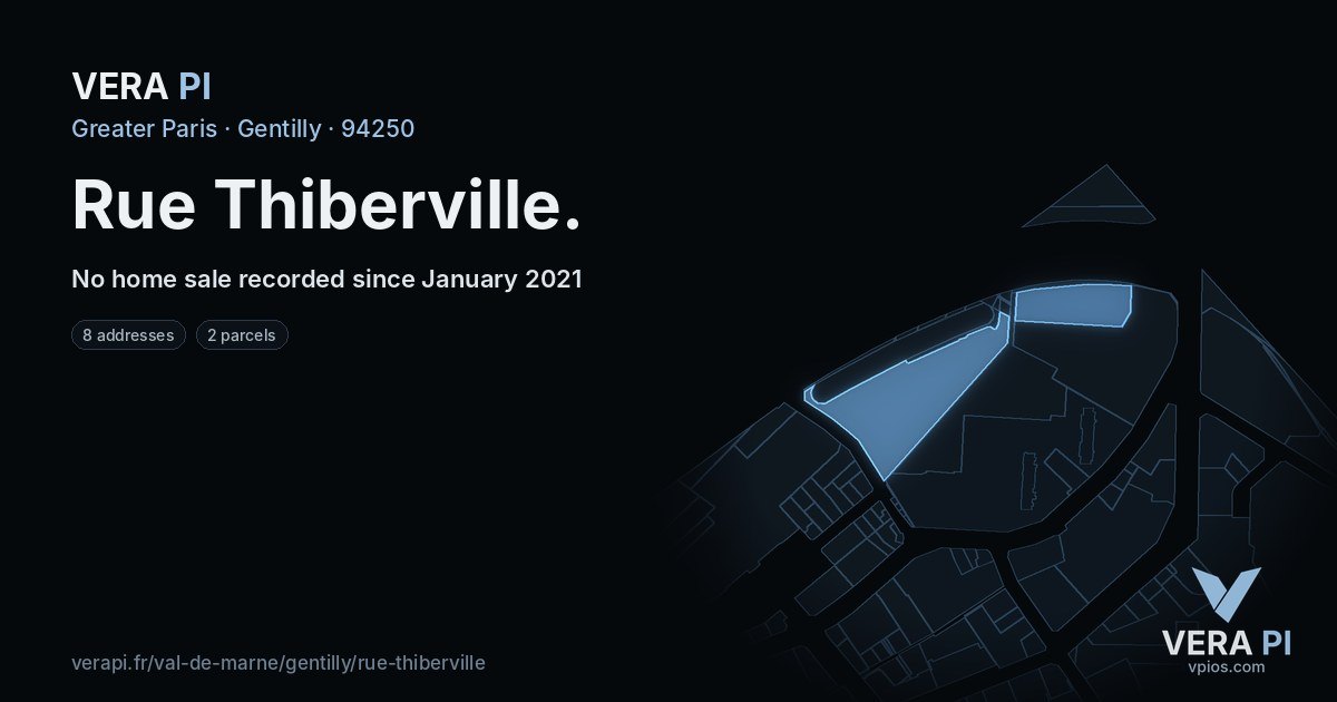 Rue Thiberville, Gentilly at night – every parcel coloured by the prices around it, the street's own parcels lit