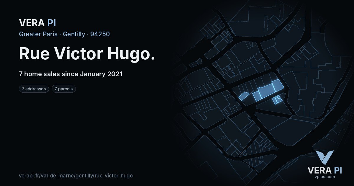 Rue Victor Hugo, Gentilly at night – every parcel coloured by the prices around it, the street's own parcels lit