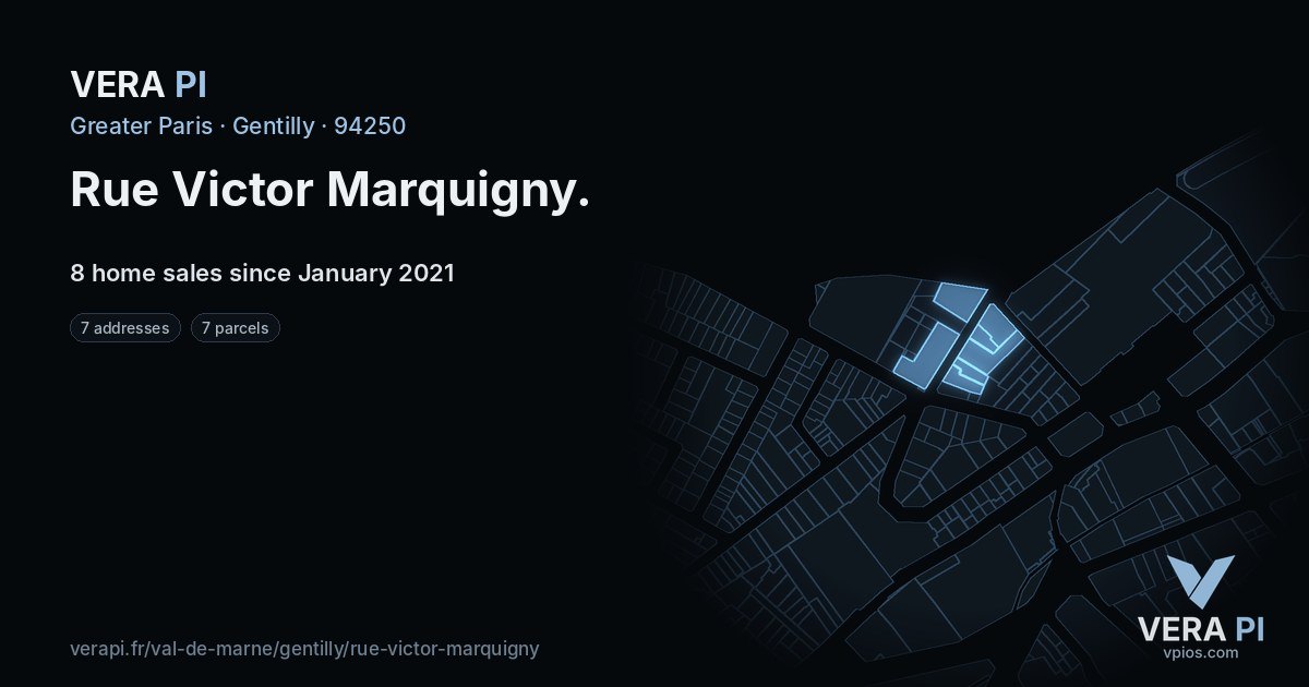 Rue Victor Marquigny, Gentilly at night – every parcel coloured by the prices around it, the street's own parcels lit