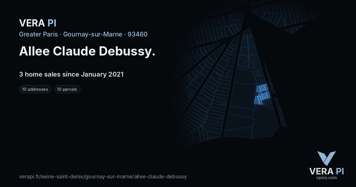 Allee Claude Debussy, Gournay-sur-Marne at night – every parcel coloured by the prices around it, the street's own parcels lit