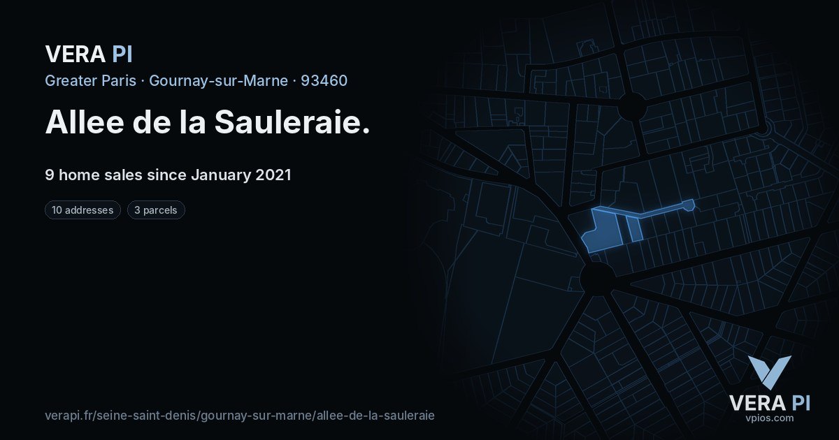 Allee de la Sauleraie, Gournay-sur-Marne at night – every parcel coloured by the prices around it, the street's own parcels lit