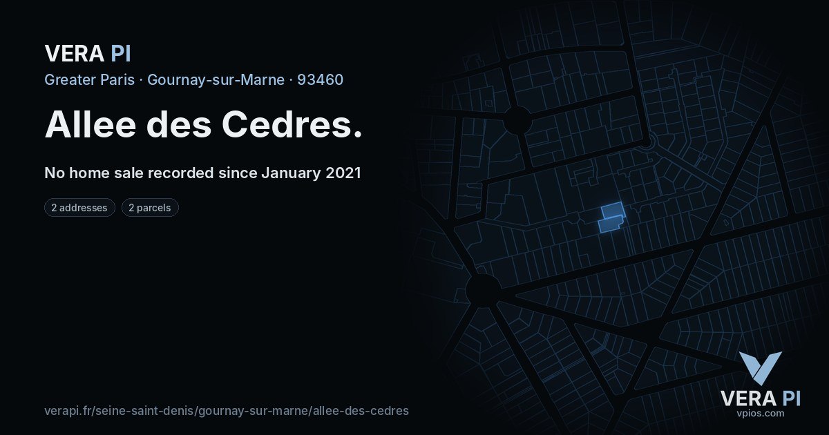 Allee des Cedres, Gournay-sur-Marne at night – every parcel coloured by the prices around it, the street's own parcels lit