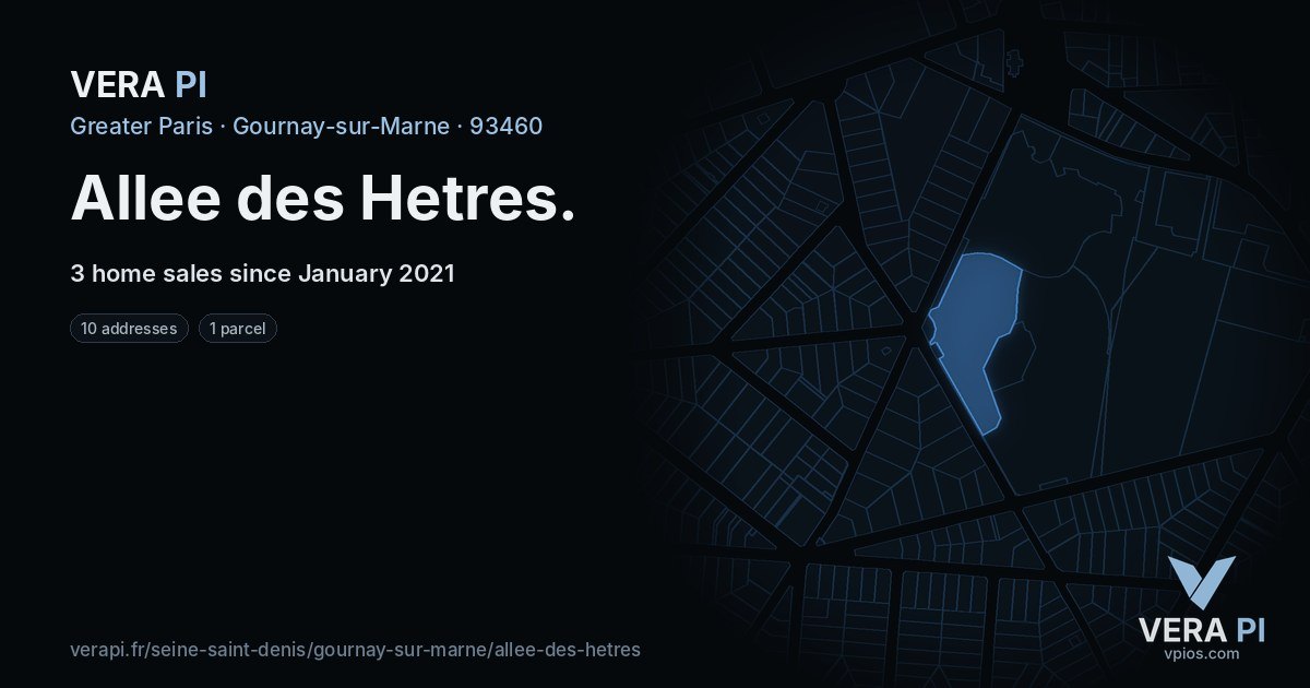 Allee des Hetres, Gournay-sur-Marne at night – every parcel coloured by the prices around it, the street's own parcels lit