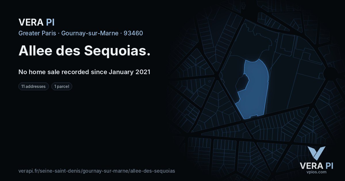 Allee des Sequoias, Gournay-sur-Marne at night – every parcel coloured by the prices around it, the street's own parcels lit