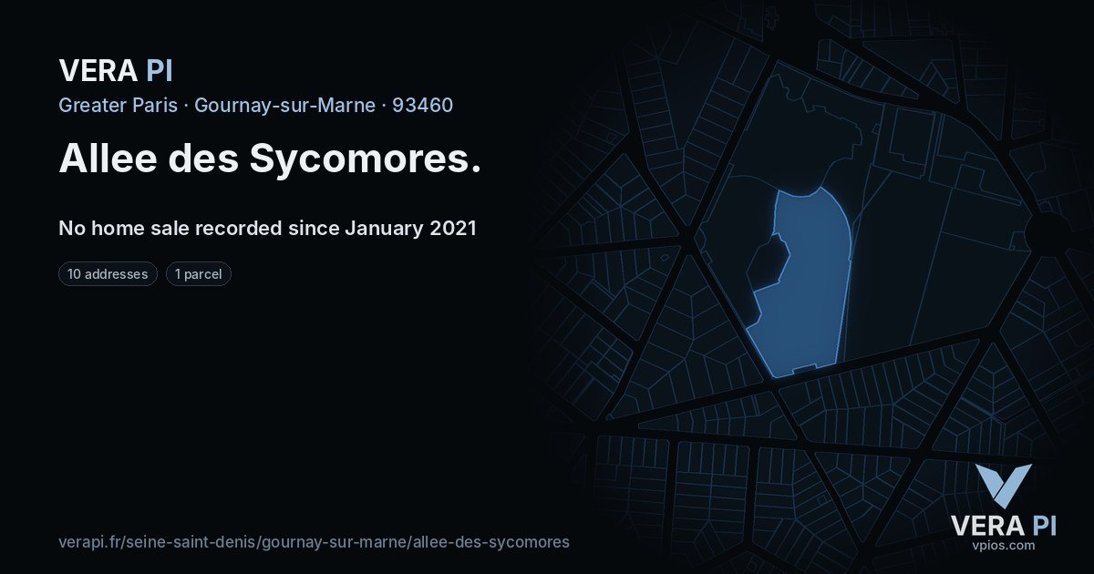 Allee des Sycomores, Gournay-sur-Marne at night – every parcel coloured by the prices around it, the street's own parcels lit