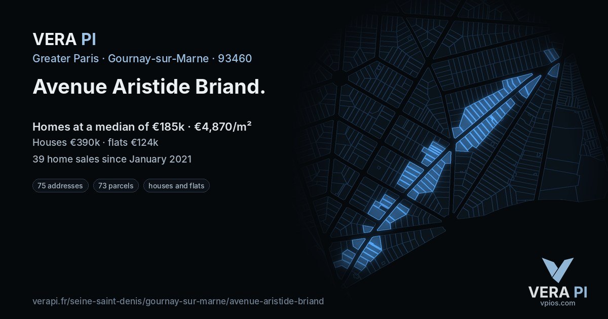 Avenue Aristide Briand, Gournay-sur-Marne at night – every parcel coloured by the prices around it, the street's own parcels lit