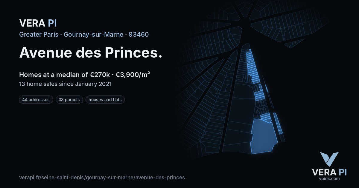 Avenue des Princes, Gournay-sur-Marne at night – every parcel coloured by the prices around it, the street's own parcels lit