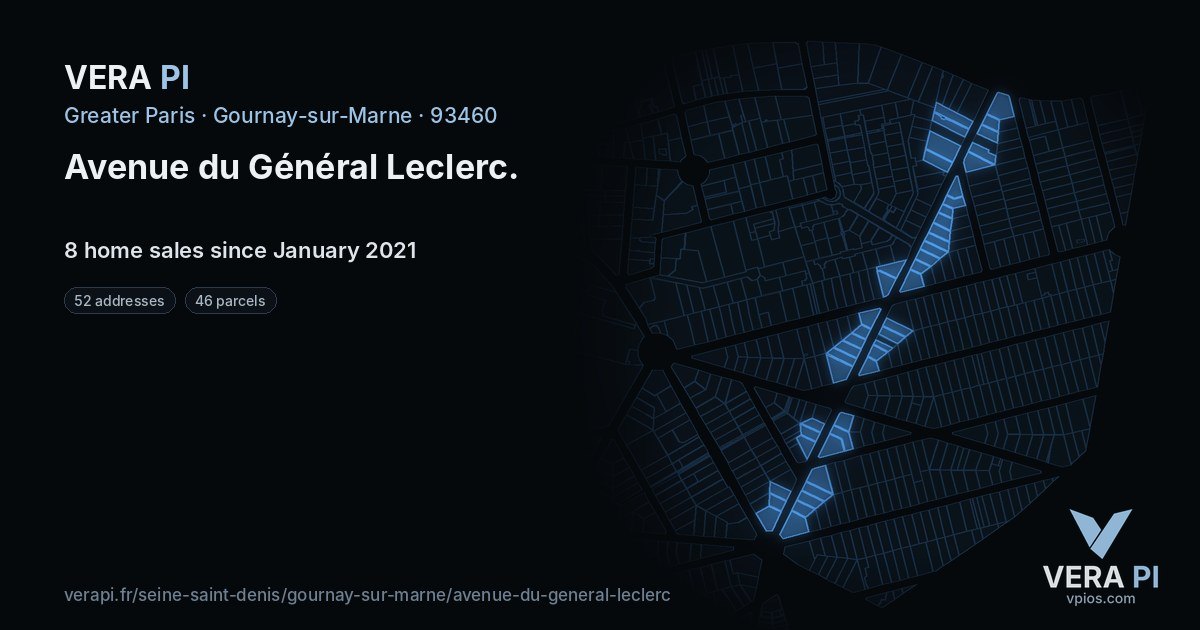 Avenue du Général Leclerc, Gournay-sur-Marne at night – every parcel coloured by the prices around it, the street's own parcels lit