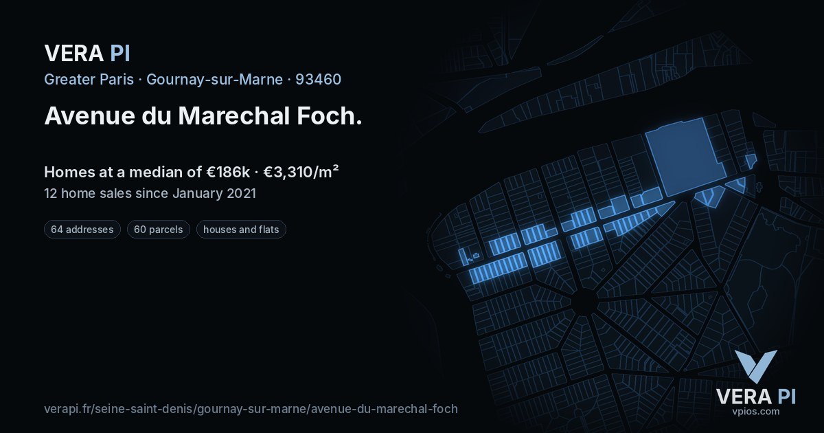 Avenue du Marechal Foch, Gournay-sur-Marne at night – every parcel coloured by the prices around it, the street's own parcels lit