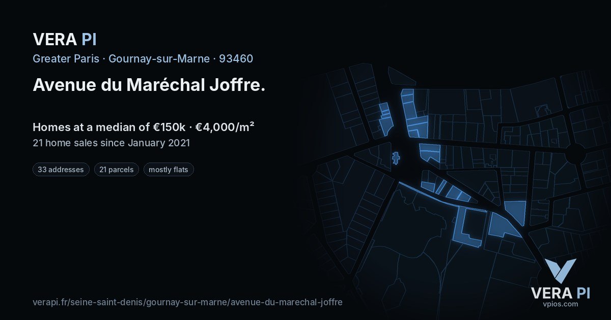 Avenue du Maréchal Joffre, Gournay-sur-Marne at night – every parcel coloured by the prices around it, the street's own parcels lit