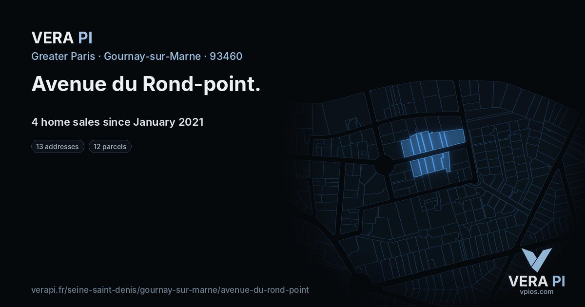 Avenue du Rond-point, Gournay-sur-Marne at night – every parcel coloured by the prices around it, the street's own parcels lit