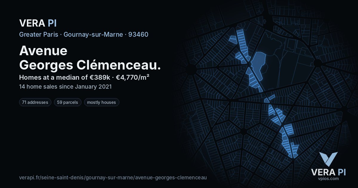 Avenue Georges Clémenceau, Gournay-sur-Marne at night – every parcel coloured by the prices around it, the street's own parcels lit