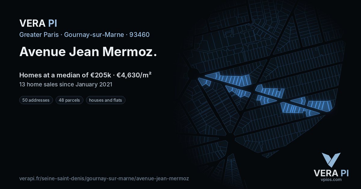 Avenue Jean Mermoz, Gournay-sur-Marne at night – every parcel coloured by the prices around it, the street's own parcels lit