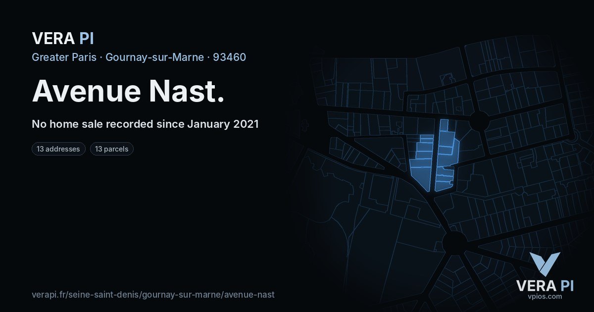 Avenue Nast, Gournay-sur-Marne at night – every parcel coloured by the prices around it, the street's own parcels lit