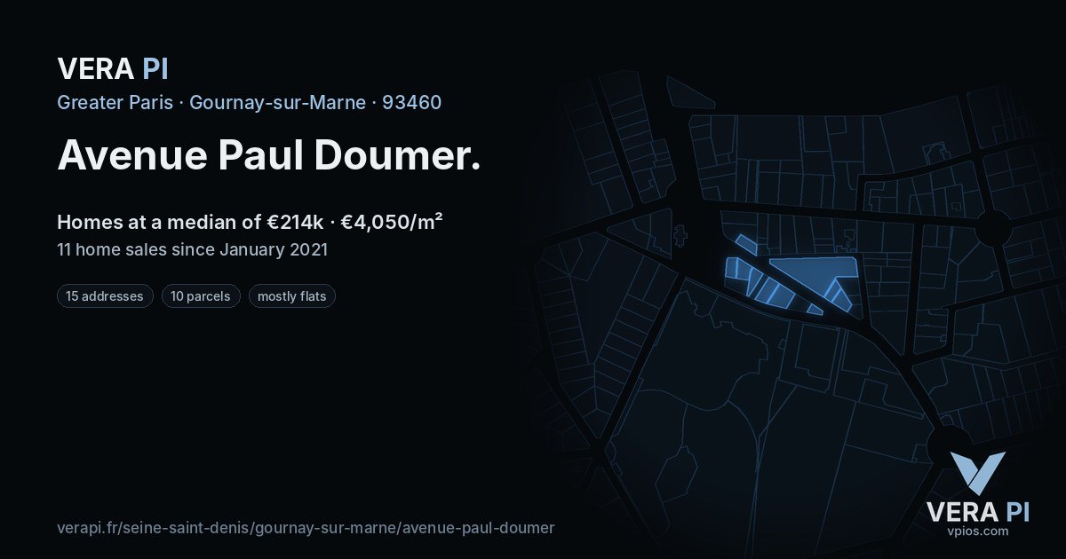 Avenue Paul Doumer, Gournay-sur-Marne at night – every parcel coloured by the prices around it, the street's own parcels lit