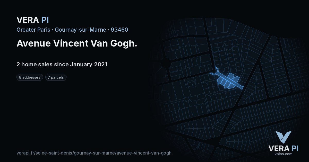 Avenue Vincent Van Gogh, Gournay-sur-Marne at night – every parcel coloured by the prices around it, the street's own parcels lit