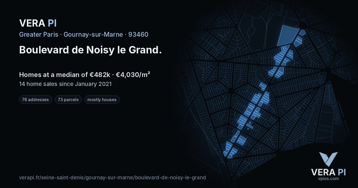 Boulevard de Noisy le Grand, Gournay-sur-Marne at night – every parcel coloured by the prices around it, the street's own parcels lit