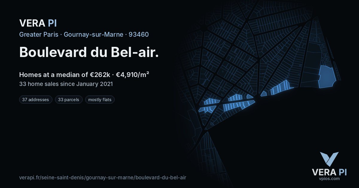 Boulevard du Bel-air, Gournay-sur-Marne at night – every parcel coloured by the prices around it, the street's own parcels lit