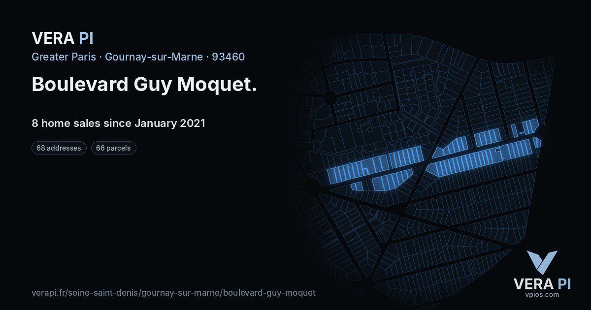 Boulevard Guy Moquet, Gournay-sur-Marne at night – every parcel coloured by the prices around it, the street's own parcels lit