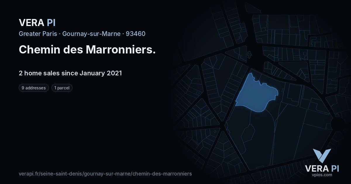 Chemin des Marronniers, Gournay-sur-Marne at night – every parcel coloured by the prices around it, the street's own parcels lit
