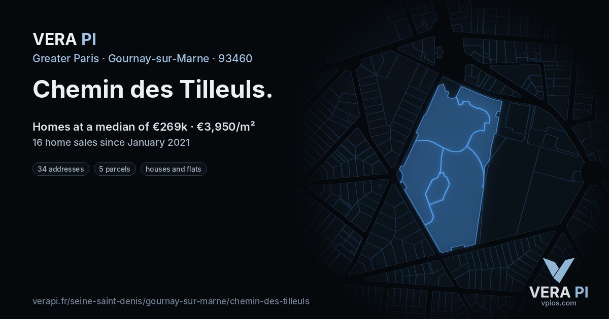 Chemin des Tilleuls, Gournay-sur-Marne at night – every parcel coloured by the prices around it, the street's own parcels lit