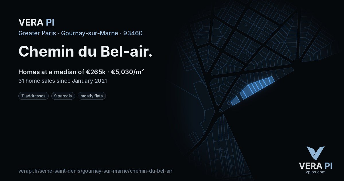 Chemin du Bel-air, Gournay-sur-Marne at night – every parcel coloured by the prices around it, the street's own parcels lit