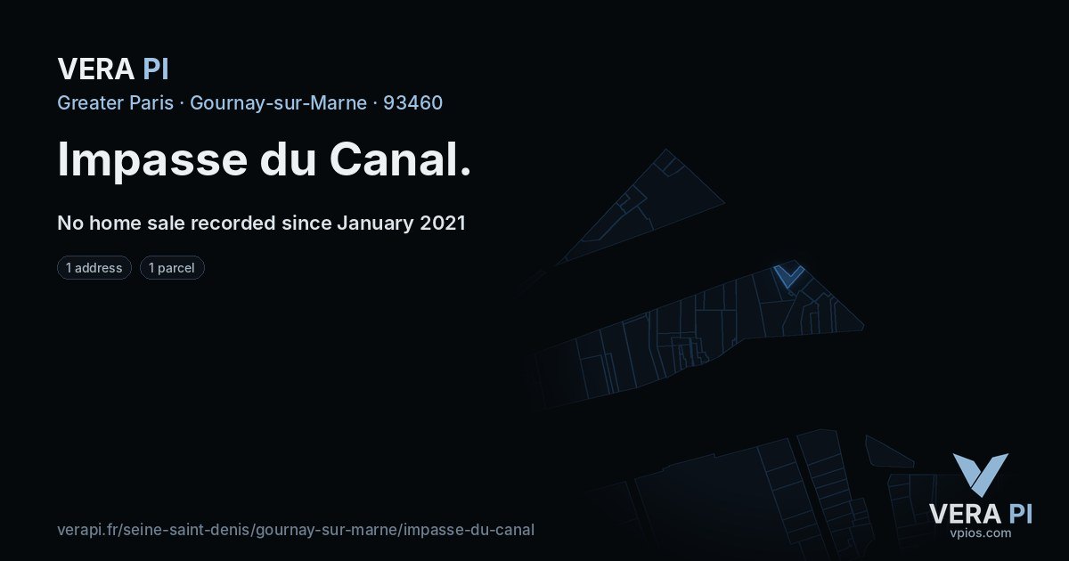 Impasse du Canal, Gournay-sur-Marne at night – every parcel coloured by the prices around it, the street's own parcels lit