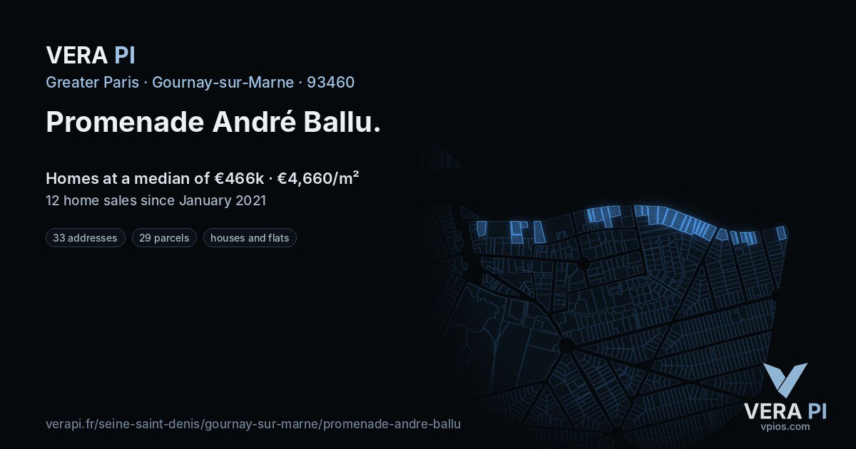 Promenade André Ballu, Gournay-sur-Marne at night – every parcel coloured by the prices around it, the street's own parcels lit