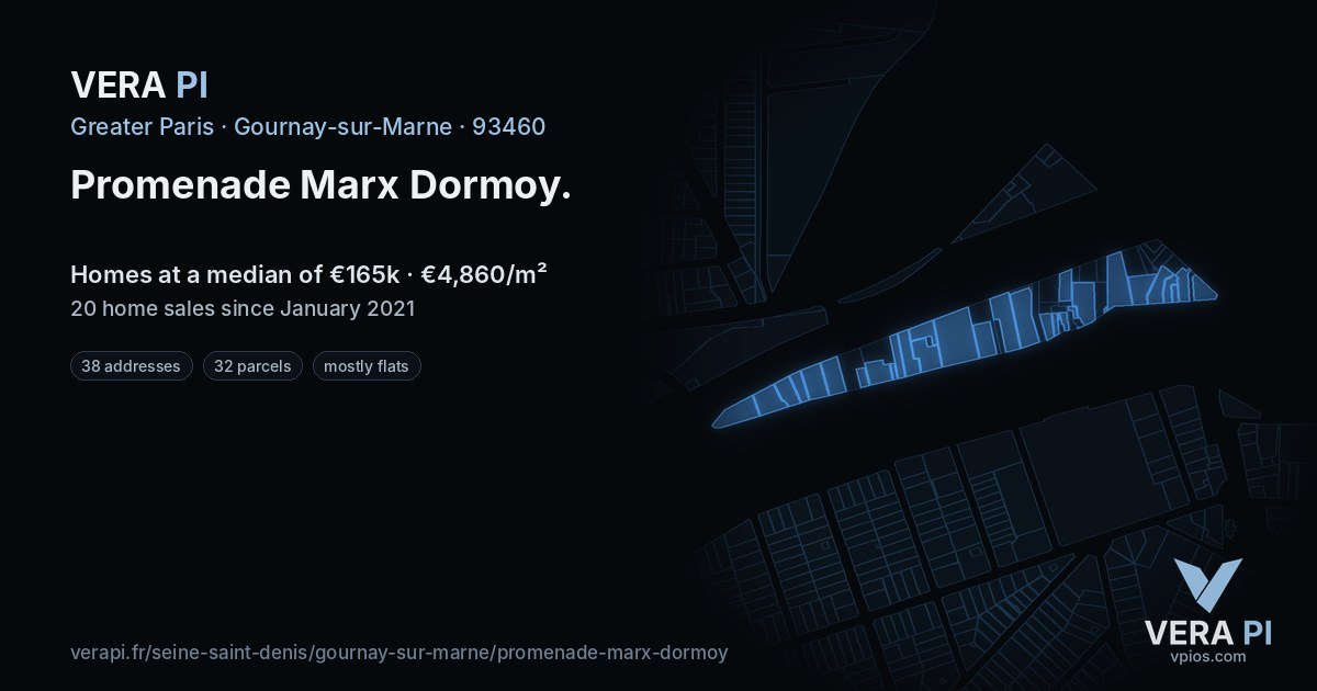 Promenade Marx Dormoy, Gournay-sur-Marne at night – every parcel coloured by the prices around it, the street's own parcels lit