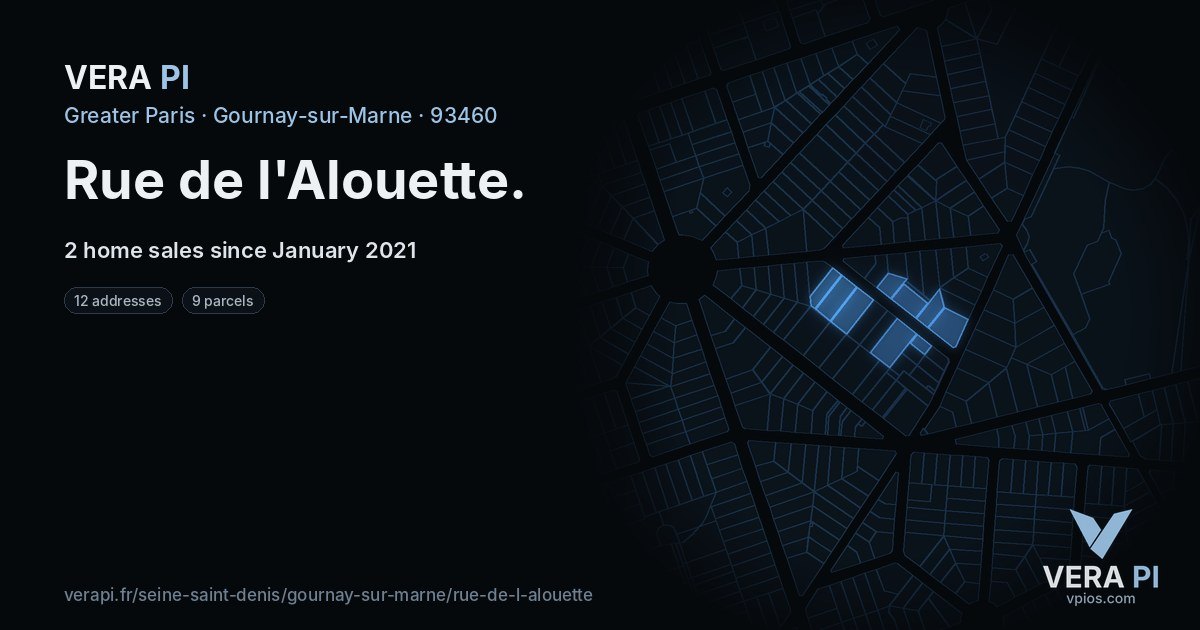Rue de l'Alouette, Gournay-sur-Marne at night – every parcel coloured by the prices around it, the street's own parcels lit