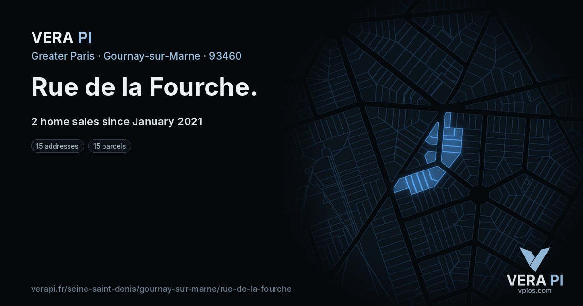Rue de la Fourche, Gournay-sur-Marne at night – every parcel coloured by the prices around it, the street's own parcels lit
