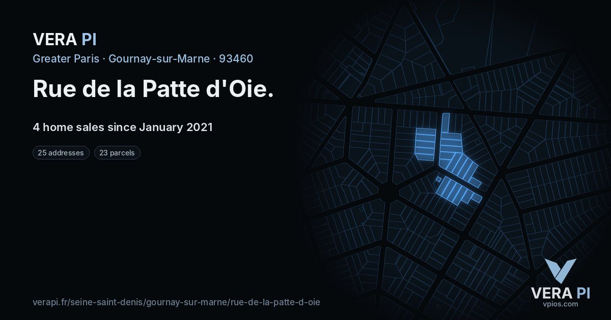 Rue de la Patte d'Oie, Gournay-sur-Marne at night – every parcel coloured by the prices around it, the street's own parcels lit