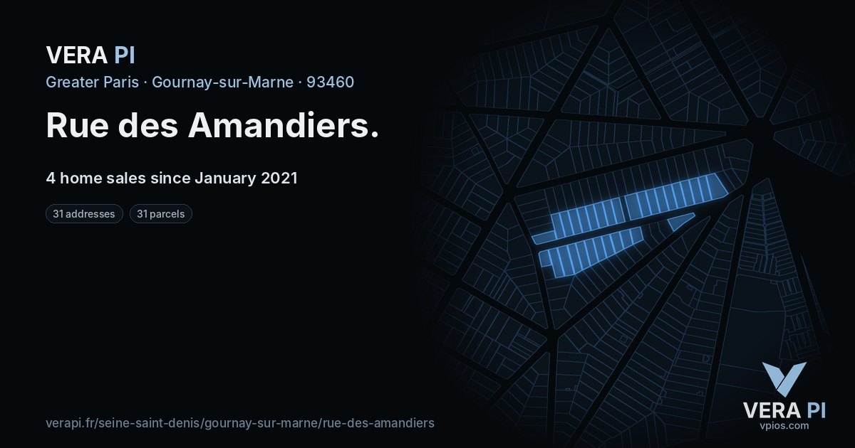 Rue des Amandiers, Gournay-sur-Marne at night – every parcel coloured by the prices around it, the street's own parcels lit