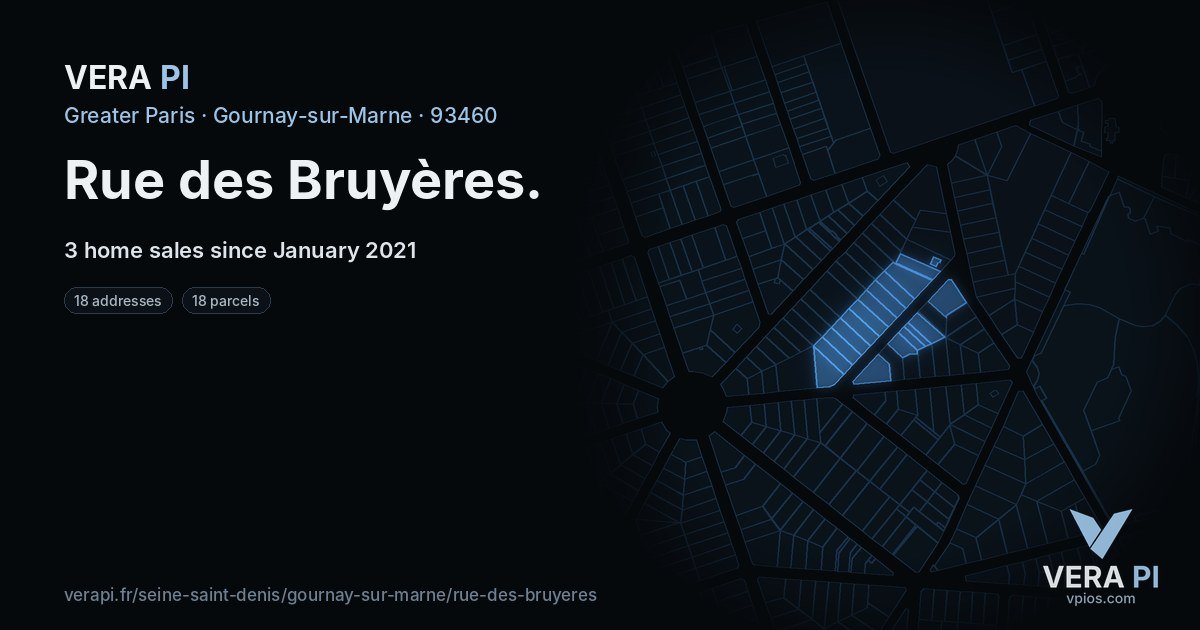 Rue des Bruyères, Gournay-sur-Marne at night – every parcel coloured by the prices around it, the street's own parcels lit