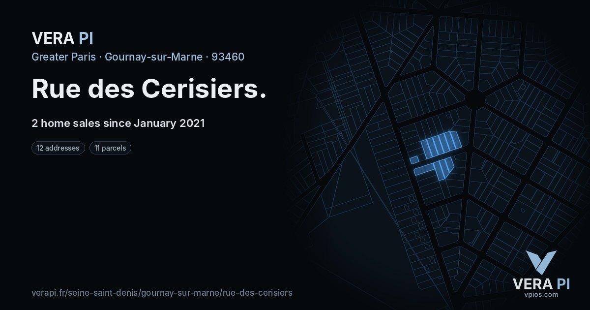 Rue des Cerisiers, Gournay-sur-Marne at night – every parcel coloured by the prices around it, the street's own parcels lit