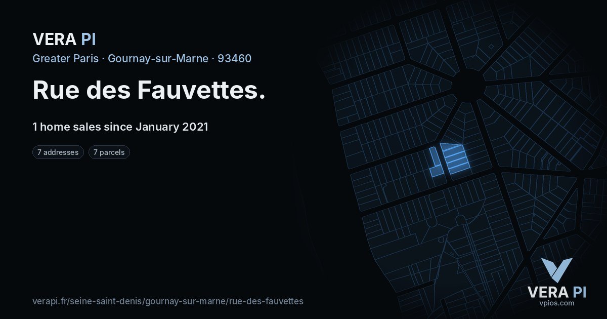Rue des Fauvettes, Gournay-sur-Marne at night – every parcel coloured by the prices around it, the street's own parcels lit