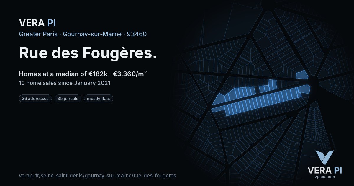 Rue des Fougères, Gournay-sur-Marne at night – every parcel coloured by the prices around it, the street's own parcels lit