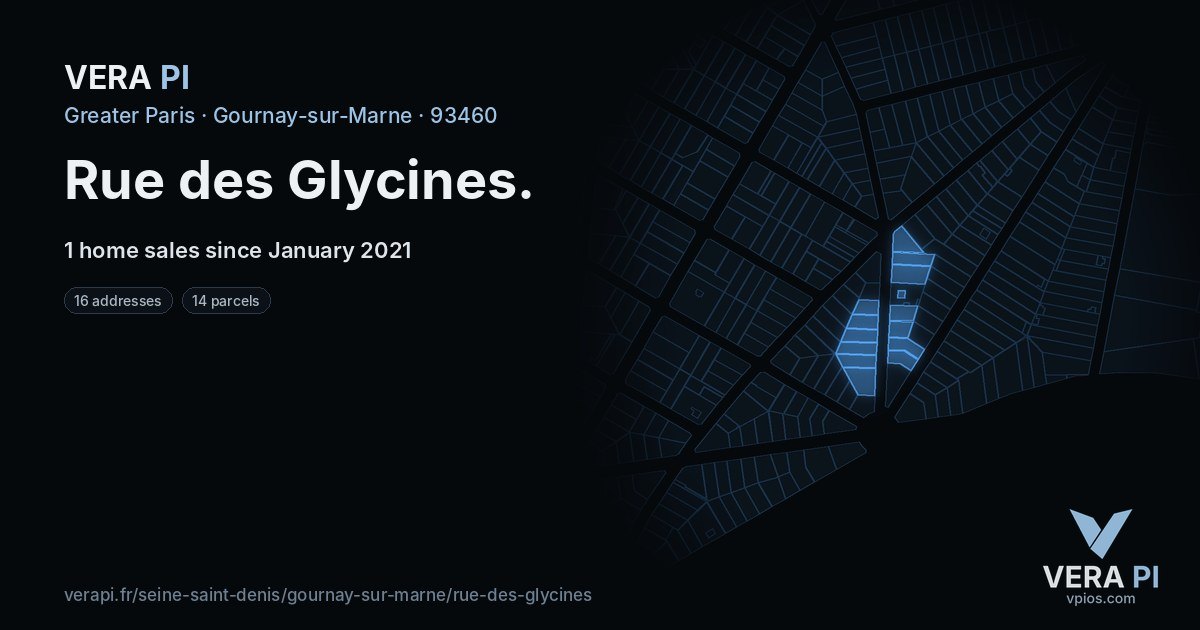 Rue des Glycines, Gournay-sur-Marne at night – every parcel coloured by the prices around it, the street's own parcels lit