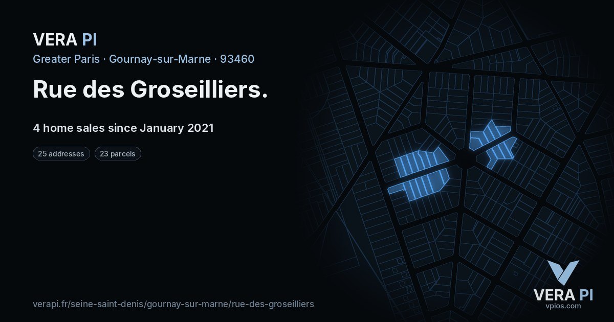 Rue des Groseilliers, Gournay-sur-Marne at night – every parcel coloured by the prices around it, the street's own parcels lit