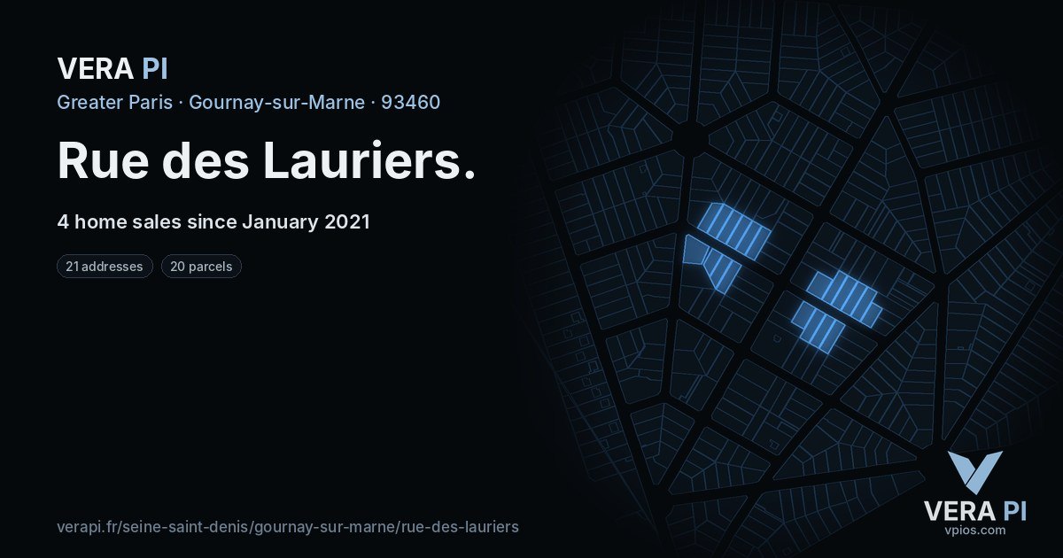 Rue des Lauriers, Gournay-sur-Marne at night – every parcel coloured by the prices around it, the street's own parcels lit