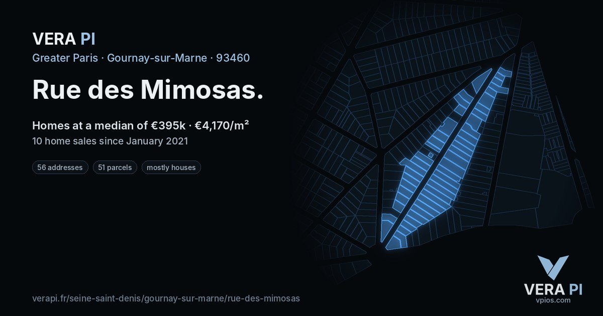 Rue des Mimosas, Gournay-sur-Marne at night – every parcel coloured by the prices around it, the street's own parcels lit