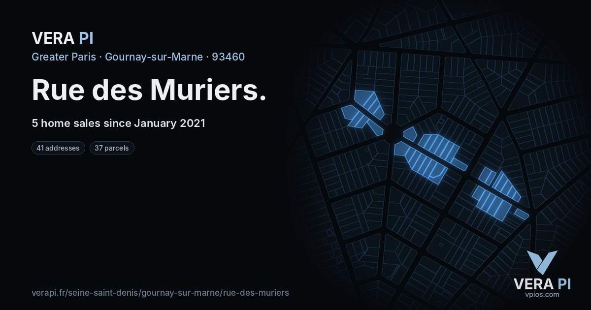 Rue des Muriers, Gournay-sur-Marne at night – every parcel coloured by the prices around it, the street's own parcels lit