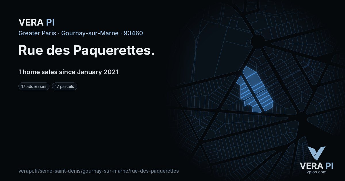Rue des Paquerettes, Gournay-sur-Marne at night – every parcel coloured by the prices around it, the street's own parcels lit