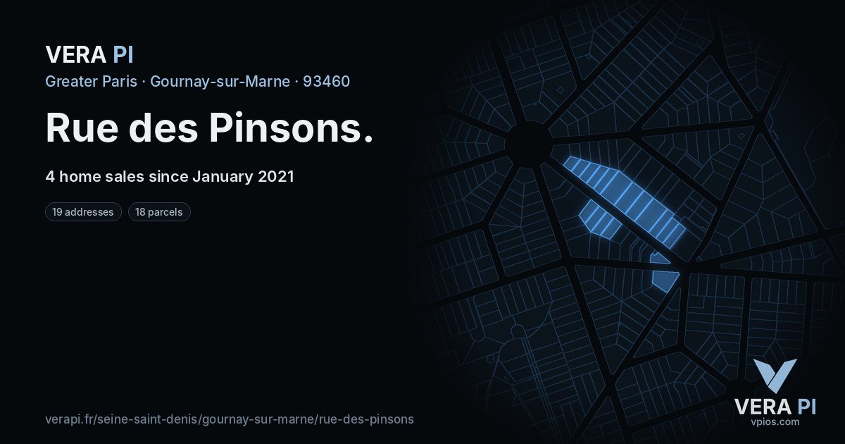 Rue des Pinsons, Gournay-sur-Marne at night – every parcel coloured by the prices around it, the street's own parcels lit